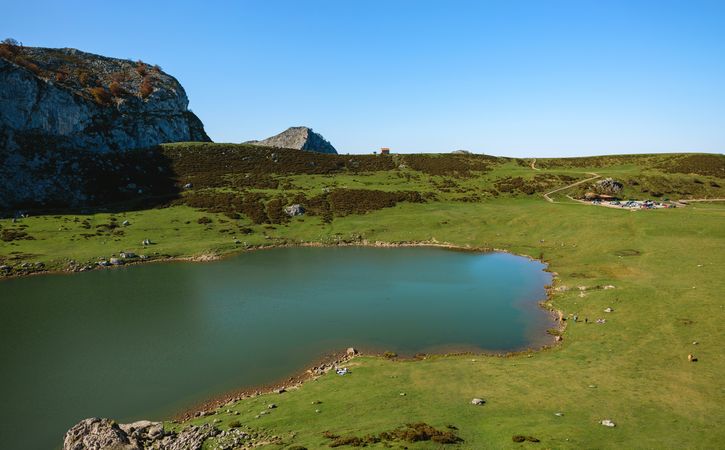 Valley with lake between mountains
