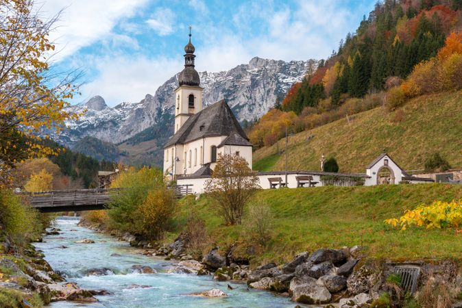 Church St. Sebastian in an autumn scenery in the Bavarian Alps