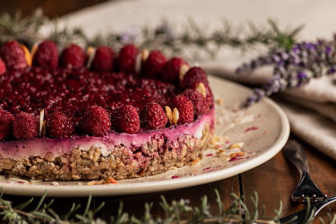Fruit berry pie and branch of lavender on table