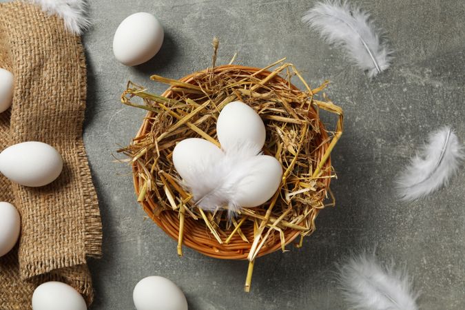 Concept of natural farm product - eggs, top view