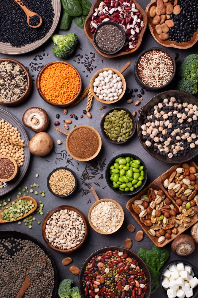 Healthy vegan grains and vegetables, top view