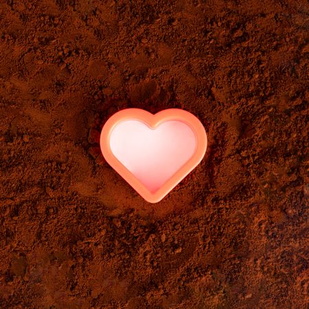 Plastic heart shape surrounded by brown soil