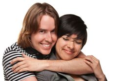 White Male and Multiethnic Female Portrait Hugging