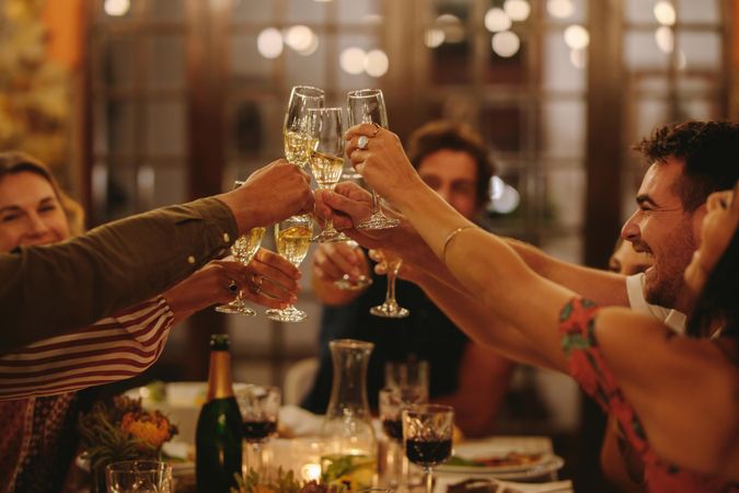 Group of people toasting drinks at a dinner party