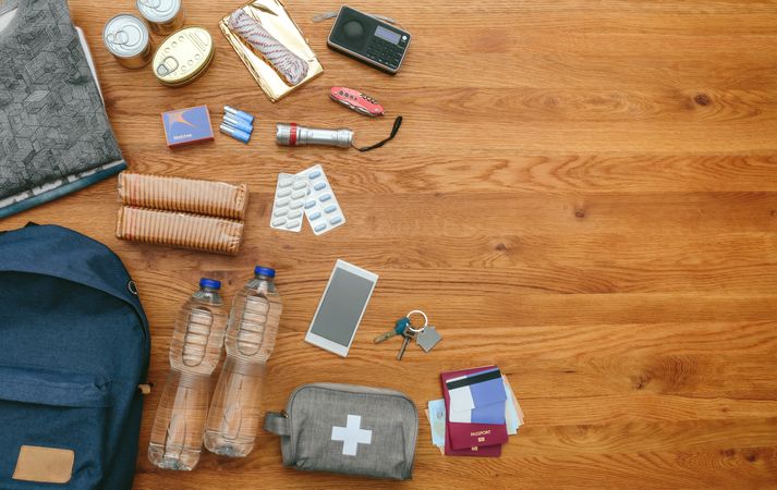Top view of emergency backpack preparations