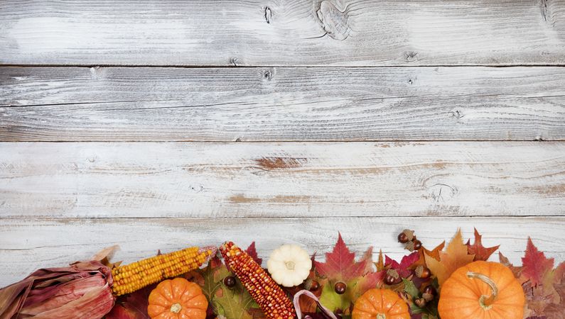 Bottom border of Autumn foliage with other fall decorations on rustic wooden boards