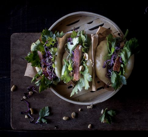 Served Gua Bao sandwiches with bacon