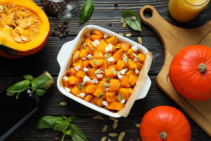 Concept of tasty homemade dish - baked pumpkin