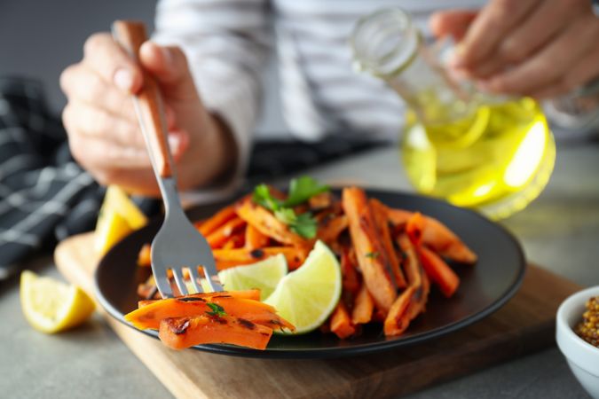 Concept of tasty food, fried sweet potato, close up