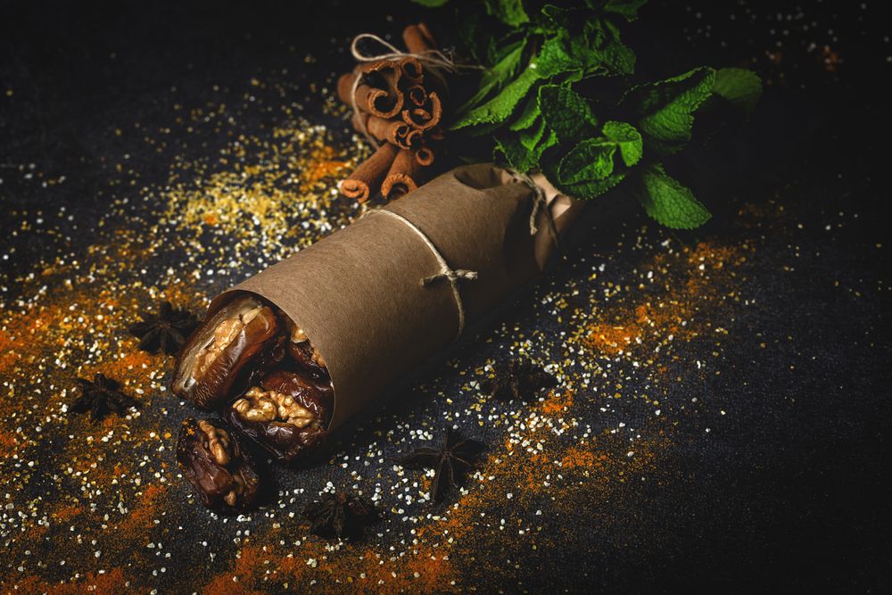 Dates fruits with walnuts, mint and cinnamon for Ramadan