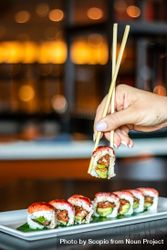Person holding sushi with chopsticks 5r1Nl0