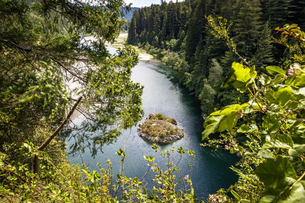 Small island on a river in the mountains
