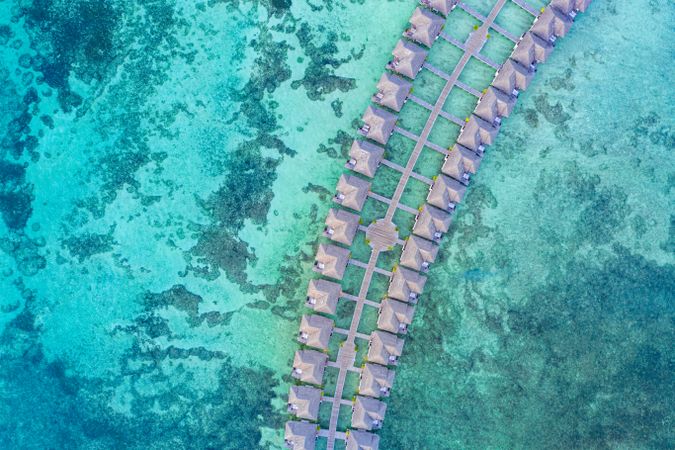 Overhead of overwater bungalows in the Maldives
