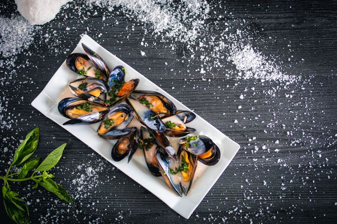 Steamed mussels with Thai sauce in plate