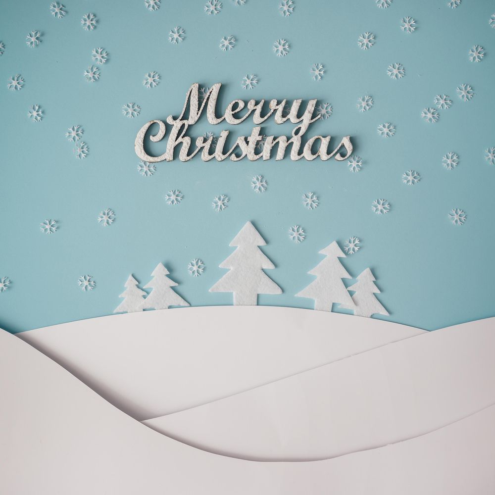 Christmas winter landscape with snowy hills and trees, with the words “Merry Christmas”