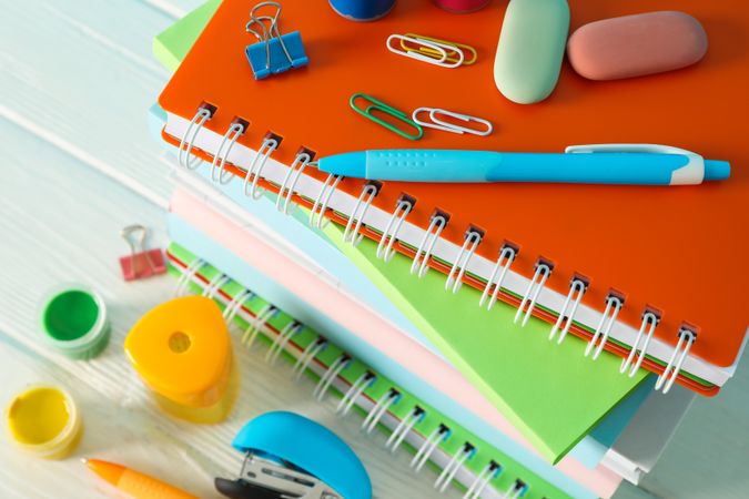 School supplies on wooden table, closeup and space for text