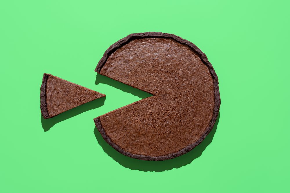 Homemade chocolate cake above view, minimalist on a green background
