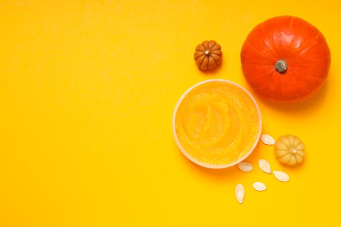 Concept of different cosmetic products, Pumpkin cosmetics, space for text