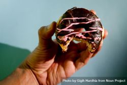 Hand holding a chocolate donut with bite 47dZrb