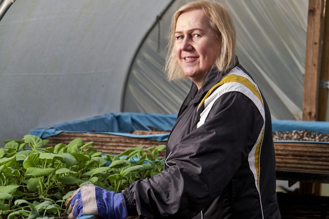 Older woman with plant box in greenhouse