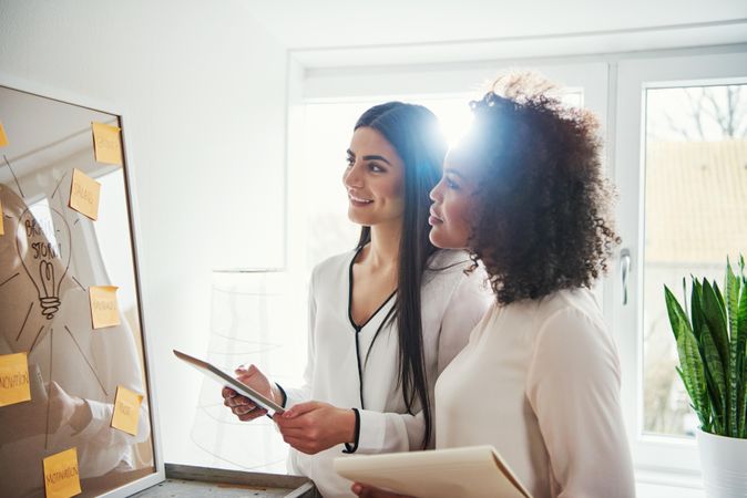 Two colleagues consult sticky notes on a board