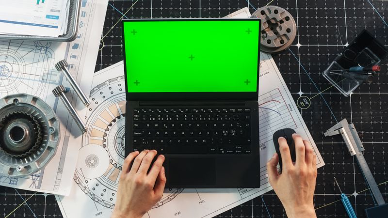 Anonymous Engineer Typing on Laptop Computer with Mock Up Green Screen Chromakey Display with Motion Tracker Placeholders. Scientist Corresponding with Work Partners by Email. Top Down View
