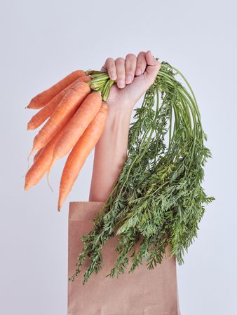 Crop female hand reached out from packet with carrots