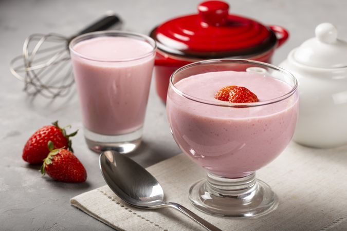 Delicious strawberry mousse in glass goblet.