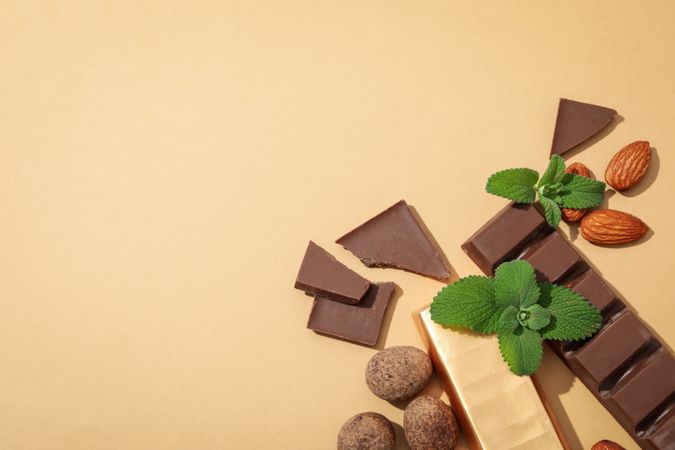 Concept of tasty food, chocolate, space for text