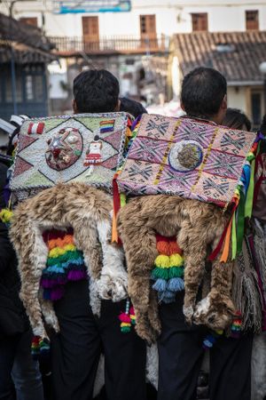 Back view of two men with Mexican style backpacks