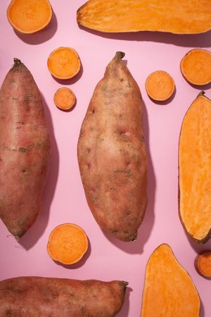 Concept of vegetables, sweet potato, top view