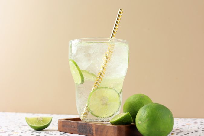A Glass of Iced Lime Soda with Sliced Lime