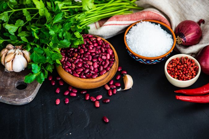 Kitchen counter with ingredients for cooking red kidney beans