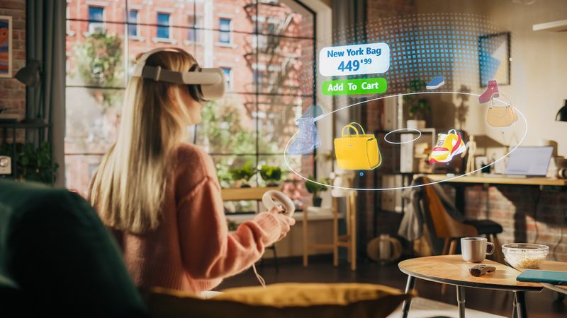 Woman at Home, Using Virtual Reality Headset for Online Shopping, Browsing through Pictures of Stylish Brand Shoes and Handbags.