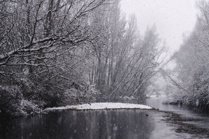 River streaming between snow forest