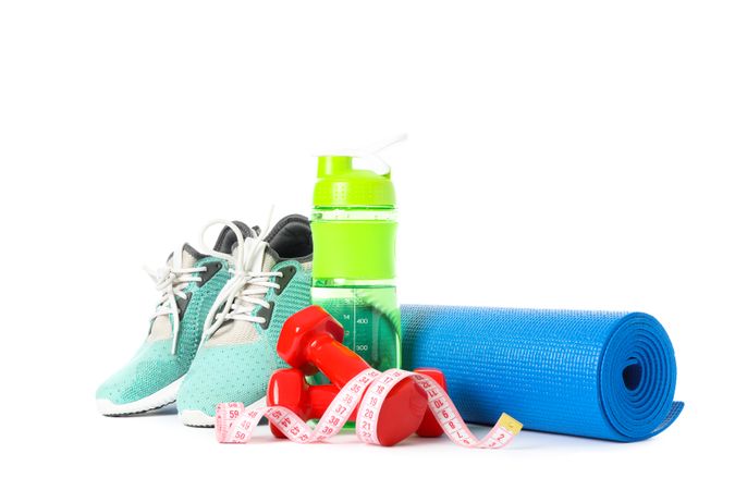 Healthy lifestyle accessories isolated on plain background