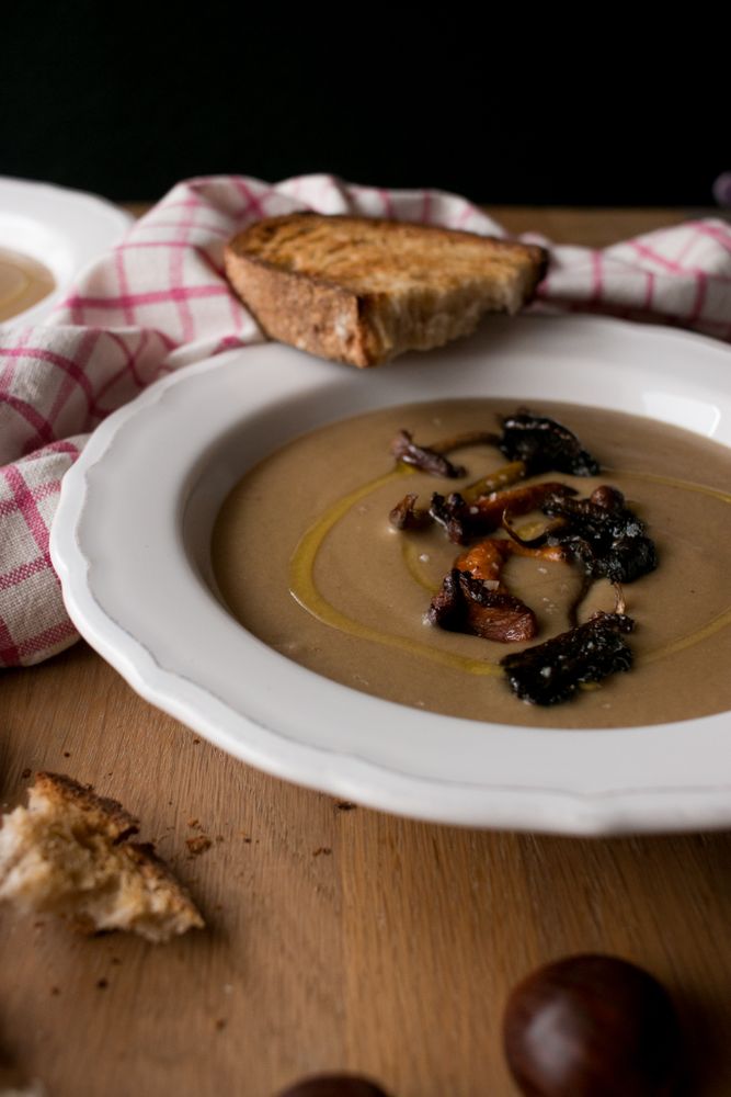 Bread and scallion near chestnut soup
