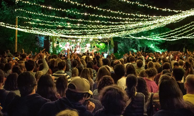 People dancing and raising hands on a summer night music festival in nature