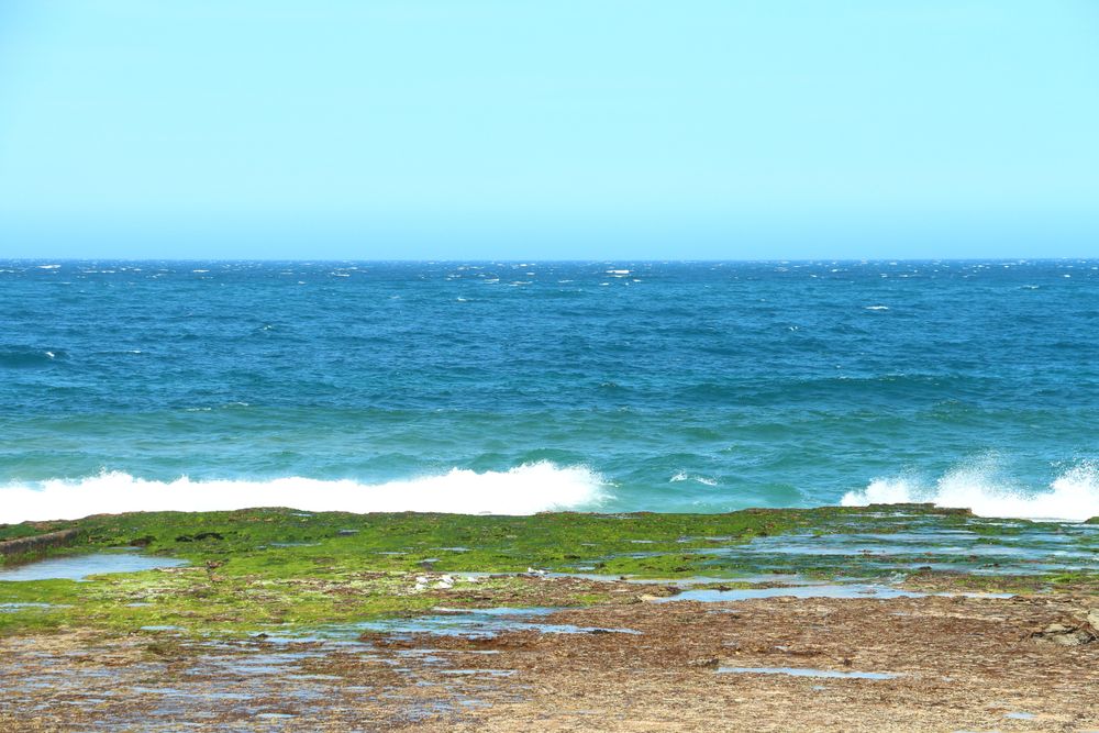 Peaceful Ocean With Waves Crashing Against The Shore And Distant View Of The Horizon