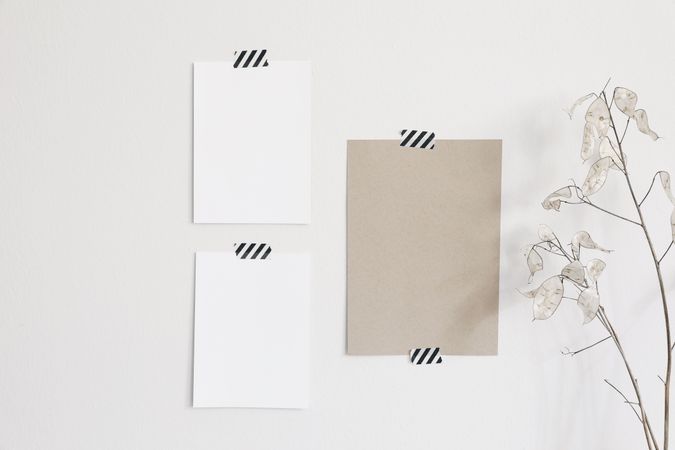Set of blank paper greeting card mockups taped on wall