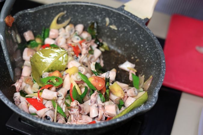 Close Up Cooking Stir Fry Salted Squid