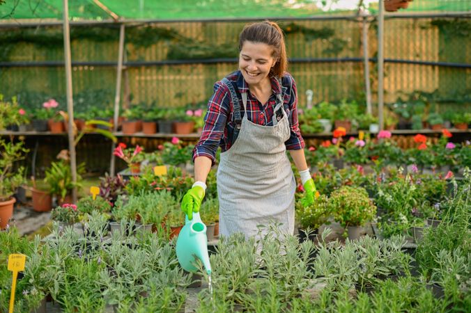 Smiling woman in apron watering plants