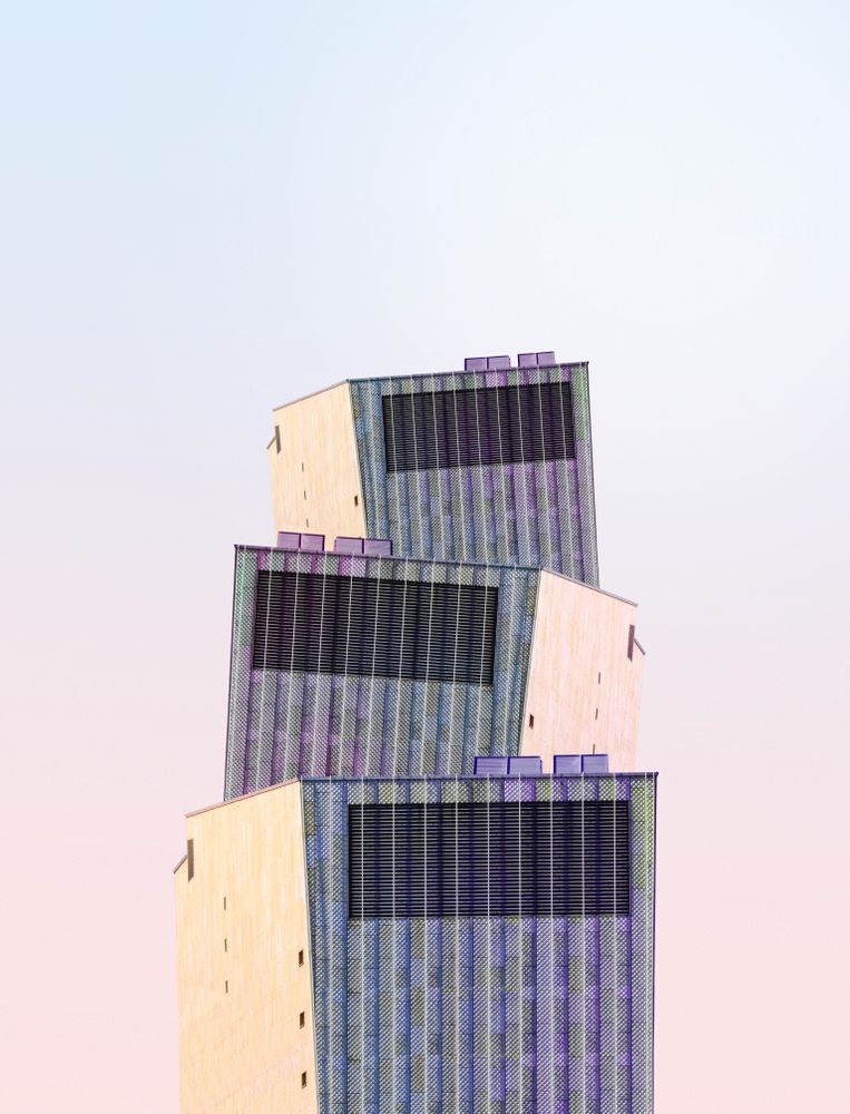 Three irregular buildings against a bright sky