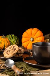 Yellow and green pumpkins beside plate of biscuits on brown wooden table 5oOJ15