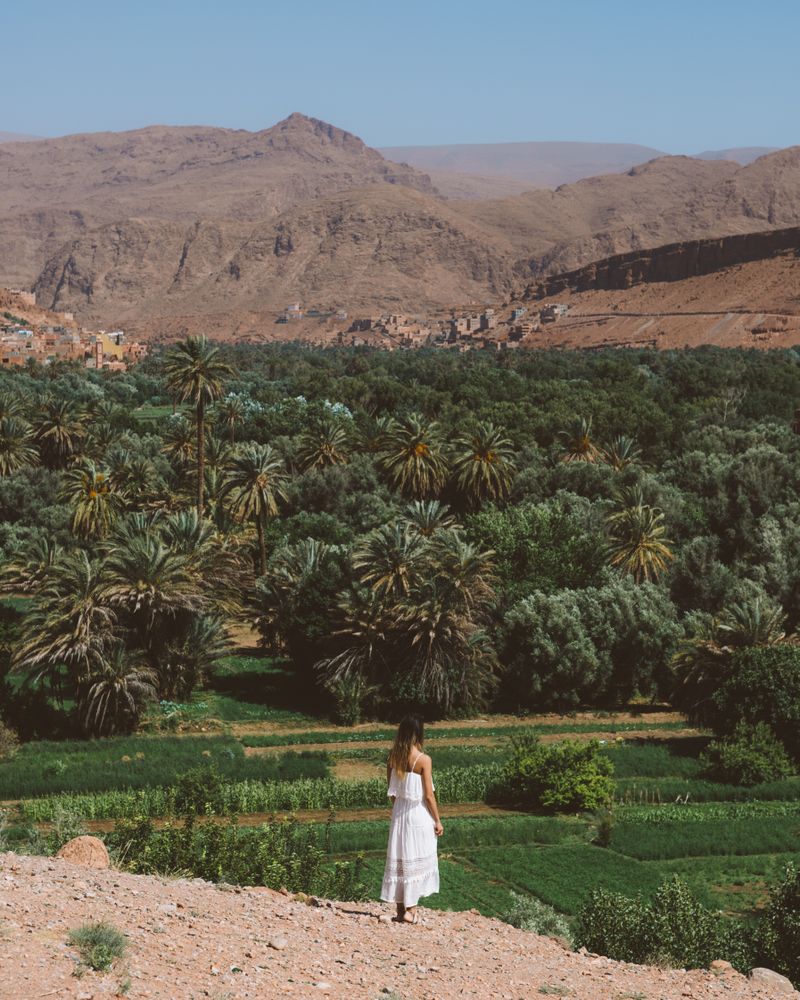 Woman in white against tropical garden