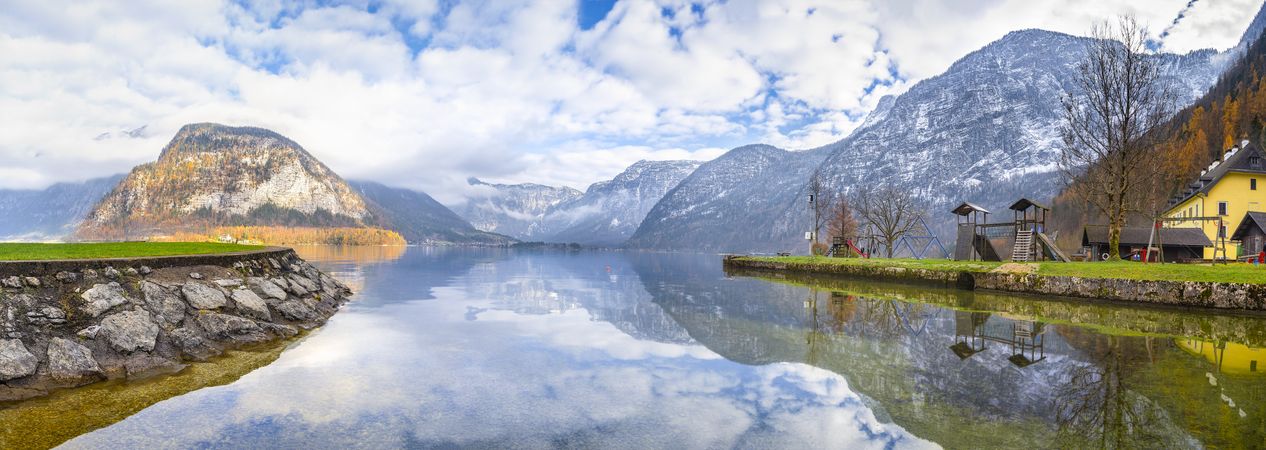 Panorama of Austrian Alps and lake