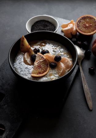 Chia seeds pudding with citrus in bowl