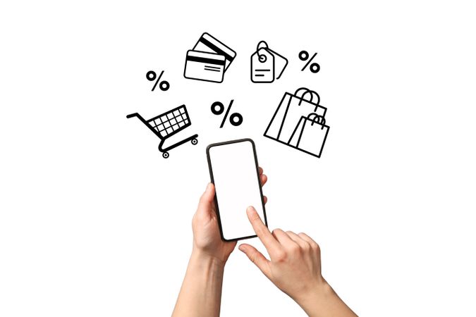 User interacts with mobile device for digital shopping activities
