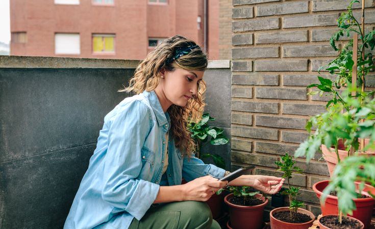 Woman looking electronic tablet while checking plants of her urban garden on terrace