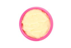 Bowl with healthy baby food isolated on plain background
